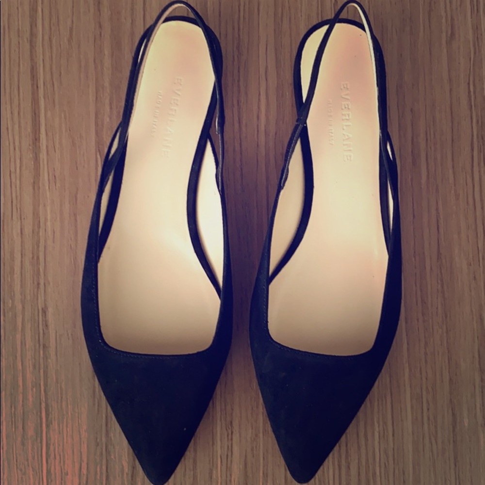 Black suede Everlane flat slingbacks